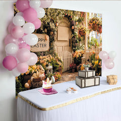 Lofaris Happy Easter Spring Floral Photography Backdrop with Bunnies and Eggs, Rustic Fence Background for Holiday Party Decor.