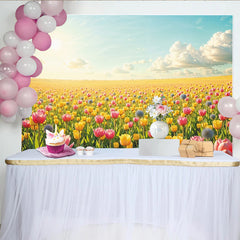 Lofaris Vibrant Yellow and Pink Tulip Field Spring Photography Backdrop, Bright Nature Photo Background for Studio Portrait and Event Decor