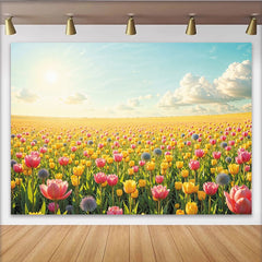 Lofaris Vibrant Yellow and Pink Tulip Field Spring Photography Backdrop, Bright Nature Photo Background for Studio Portrait and Event Decor