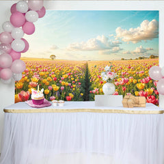 Lofaris Vibrant Tulip Field Floral Photography Backdrop with Blue Sky, Beautiful Spring Landscape Background for Studio Photoshoot