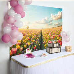Lofaris Vibrant Tulip Field Floral Photography Backdrop with Blue Sky, Beautiful Spring Landscape Background for Studio Photoshoot