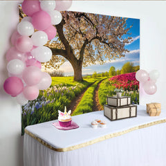 Lofaris Vibrant Spring Photography Backdrop with Blooming Tree and Colorful Flowers, Scenic Nature Background for Studio Photoshoot