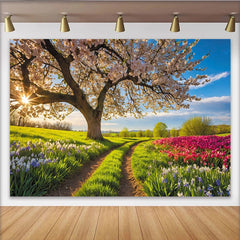 Lofaris Vibrant Spring Photography Backdrop with Blooming Tree and Colorful Flowers, Scenic Nature Background for Studio Photoshoot