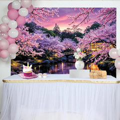 Lofaris Pink Cherry Blossom Photography Backdrop with Japanese Garden and Bridge, Serene Spring Scenery Background for Studio and Party Decor
