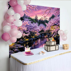 Lofaris Pink Cherry Blossom Photography Backdrop with Japanese Garden and Bridge, Serene Spring Scenery Background for Studio and Party Decor