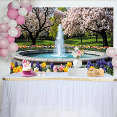 Lofaris Vibrant Spring Garden Photography Backdrop with Cherry Blossoms and Fountain, Beautiful Nature Background for Studio Photoshoot