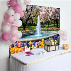 Lofaris Vibrant Spring Garden Photography Backdrop with Cherry Blossoms and Fountain, Beautiful Nature Background for Studio Photoshoot