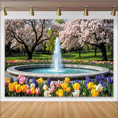 Lofaris Vibrant Spring Garden Photography Backdrop with Cherry Blossoms and Fountain, Beautiful Nature Background for Studio Photoshoot