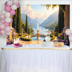 Lofaris Elegant Scenic Garden Photography Backdrop with Fountain and Lake View, Picturesque Landscape Background for Studio and Event Decor