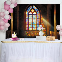 Lofaris Vibrant Stained Glass Window Photography Backdrop with Arched Design, Colorful Light Effect Background for Studio Portrait