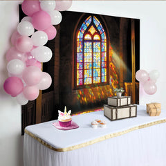 Lofaris Vibrant Stained Glass Window Photography Backdrop with Arched Design, Colorful Light Effect Background for Studio Portrait
