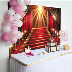 Lofaris Grand Red Carpet Photography Backdrop with Golden Staircase, Luxurious Event Background for Awards Ceremony or Party Decor