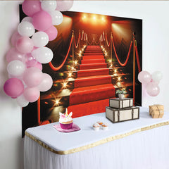 Lofaris Luxurious Red Carpet Photography Backdrop with Golden Stanchions and Velvet Ropes, Grand Staircase Background for Gala Event Party