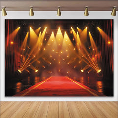 Lofaris Grand Red Carpet Stage Photography Backdrop with Golden Spotlights and Red Curtains, Event Background for Awards Ceremony