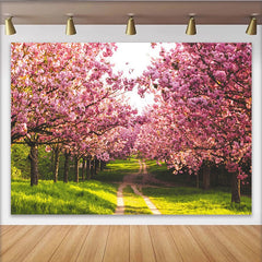 Lofaris Pink Cherry Blossom Photography Backdrop with Green Path, Beautiful Spring Floral Background for Studio Photoshoot