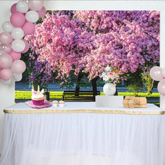 Lofaris Vibrant Pink Blossom Photography Backdrop with Lush Green Park Scenery, Beautiful Spring Background for Outdoor Photoshoot
