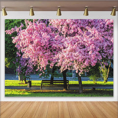 Lofaris Vibrant Pink Blossom Photography Backdrop with Lush Green Park Scenery, Beautiful Spring Background for Outdoor Photoshoot