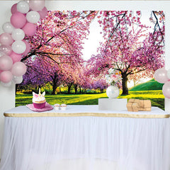 Lofaris Pink Cherry Blossom Spring Photography Backdrop, Green Grass Nature Scene Background for Photoshoot