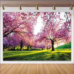 Lofaris Pink Cherry Blossom Spring Photography Backdrop, Green Grass Nature Scene Background for Photoshoot