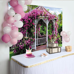 Lofaris White Gazebo Floral Photography Backdrop with Pink Bougainvillea, Beautiful Garden Background for Wedding and Party Decor