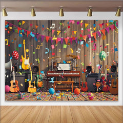 Lofaris Vibrant Music Party Birthday Backdrop with Guitars and Drums, Colorful Celebration Background for Festive Photoshoot