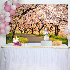 Lofaris Pink Cherry Blossom Photography Backdrop with Winding Road, Beautiful Spring Nature Background for Studio Portrait and Event Decor