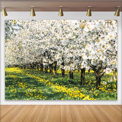 Lofaris Vibrant Spring Floral Photography Backdrop with White Blossoms and Yellow Wildflowers, Nature Scenery Background for Studio Portrait