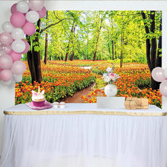 Lofaris Vibrant Spring Forest Tulip Photography Backdrop with Lush Green Trees, Beautiful Nature Background for Photoshoot
