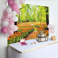 Lofaris Vibrant Spring Forest Tulip Photography Backdrop with Lush Green Trees, Beautiful Nature Background for Photoshoot