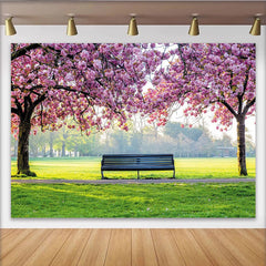 Lofaris Pink Cherry Blossom Photography Backdrop with Park Bench and Green Grass, Spring Nature Scene for Studio Photoshoot