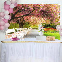 Lofaris Pink Cherry Blossom Park Photography Backdrop with White Benches, Beautiful Spring Garden Background for Photoshoot and Event Decor