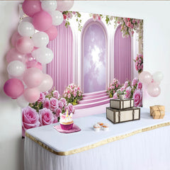 Lofaris Elegant Pink Floral Photography Backdrop with Arches and Lush Roses, Dreamy Studio Background for Romantic Portrait and Event Decor