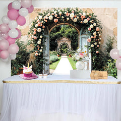 Lofaris Elegant Floral Wedding Backdrop with Rustic Doors and Pink Flowers, Beautiful Garden Photography Background for Romantic Events