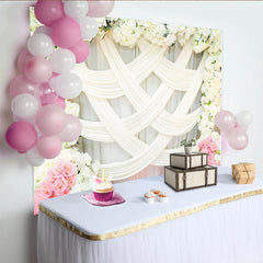 Lofaris Elegant White Floral Wedding Backdrop with Pink Roses and Drapes, Romantic Photography Background for Bridal Shower Party