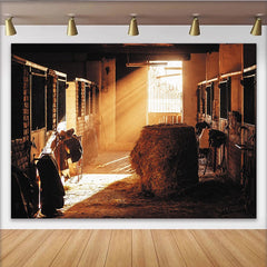 Lofaris Rustic Barn Photography Backdrop with Sunlight and Hay Bale, Warm Stable Background for Farmhouse Photoshoot