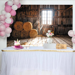 Lofaris Sunlit Rustic Barn Photography Backdrop with Hay Bales and Wood Walls, Warm Countryside Studio Background for Farm Theme Portrait