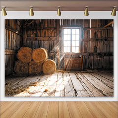 Lofaris Sunlit Rustic Barn Photography Backdrop with Hay Bales and Wood Walls, Warm Countryside Studio Background for Farm Theme Portrait