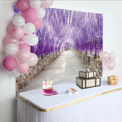 Lofaris Purple Wisteria Floral Photography Backdrop with Stone Wall Tunnel, Dreamy Nature Background for Studio Photoshoot