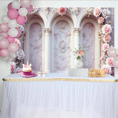 Lofaris Elegant Pink Rose Floral Photography Backdrop with Arches and Columns, Vintage Wall Background for Wedding or Studio Photoshoot