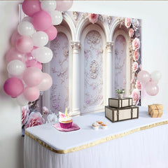 Lofaris Elegant Pink Rose Floral Photography Backdrop with Arches and Columns, Vintage Wall Background for Wedding or Studio Photoshoot
