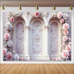 Lofaris Elegant Pink Rose Floral Photography Backdrop with Arches and Columns, Vintage Wall Background for Wedding or Studio Photoshoot