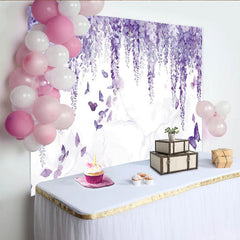 Lofaris Elegant Purple Wisteria Floral Photography Backdrop with Butterflies, Dreamy Wall Tapestry for Studio Photoshoot and Party Decor