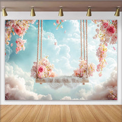 Lofaris Dreamy Pink Floral Swing Photography Backdrop with White Clouds, Ethereal Sky Background for Studio Portrait