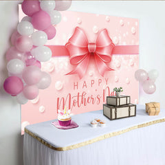 Lofaris Elegant Pink Mothers Day Backdrop with Shimmering Bow and Pearls, Celebration Background for Party Decor and Photoshoot