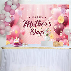 Lofaris Pink Happy Mothers Day Backdrop with Heart Balloons and Flowers, Striped Background for Party Decoration