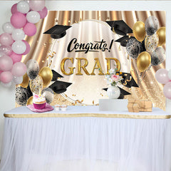 Lofaris Gold and Black Graduation Backdrop with Congrats Grad Text, Sparkling Balloons and Confetti Photo Booth Background