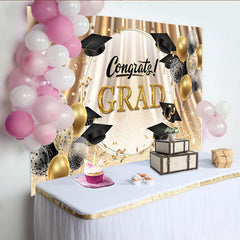 Lofaris Gold and Black Graduation Backdrop with Congrats Grad Text, Sparkling Balloons and Confetti Photo Booth Background