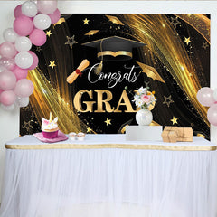 Lofaris Black Gold Glitter Graduation Backdrop with Congrats GRAD and Cap, Elegant Photo Booth Background for Class of 2024 Party Decor