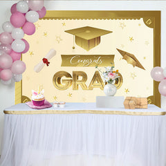 Lofaris Elegant Gold Graduation Backdrop with Cap and Diploma, Sparkling Congrats Banner for Party Decoration