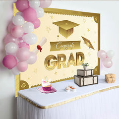 Lofaris Elegant Gold Graduation Backdrop with Cap and Diploma, Sparkling Congrats Banner for Party Decoration